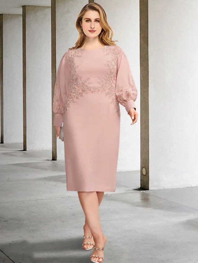 Wholesale Sheath / Column Plus Size Curve Mother of the Bride Dresses Elegant Dress Formal Tea Length Long Sleeve Jewel Neck Chiffon with Appliques